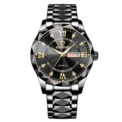 rorios Herren Elegant Quarz Armbanduhr Klassische Edelstahl Herrenuhren Diamant wasserdichte Uhr Multifunktional Business Uhren für Männer Schwarz Gold B von rorios