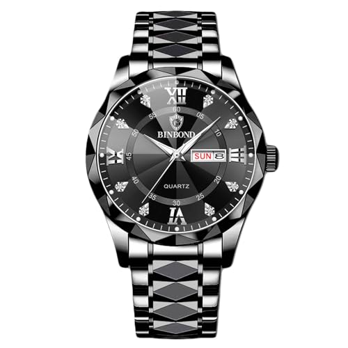 rorios Herren Elegant Quarz Armbanduhr Klassische Edelstahl Herrenuhren Diamant wasserdichte Uhr Multifunktional Business Uhren für Männer schwarz weiß A von rorios