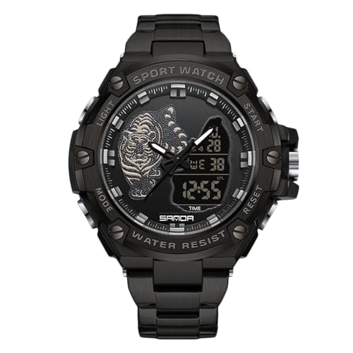 rorios Herren Elektronische Dual Display Uhr 5ATM wasserdichte Armbanduhr Digital Analog Quarz Uhren Multifunktional Militär Herrenuhren Edelstahl Armband Schwarz A von rorios