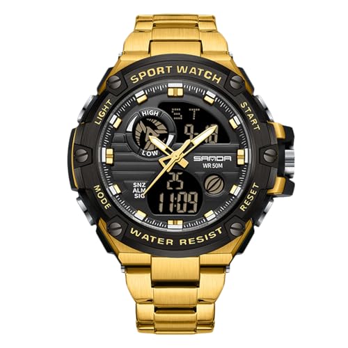 rorios Herren Elektronische Dual Display Uhr 5ATM wasserdichte Armbanduhr Digital Analog Quarz Uhren Multifunktional Militär Herrenuhren Edelstahl Armband Schwarz Gold C von rorios