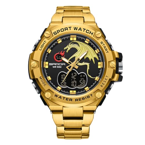 rorios Herren Elektronische Dual Display Uhr 5ATM wasserdichte Armbanduhr Digital Analog Quarz Uhren Multifunktional Militär Herrenuhren Edelstahl Armband Schwarz Gold von rorios