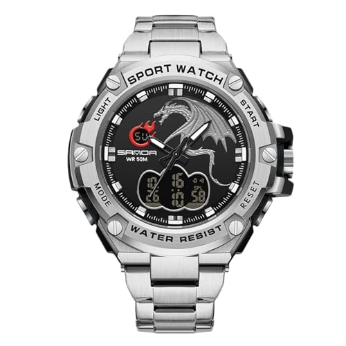 rorios Herren Elektronische Dual Display Uhr 5ATM wasserdichte Armbanduhr Digital Analog Quarz Uhren Multifunktional Militär Herrenuhren Edelstahl Armband Schwarz Silber von rorios