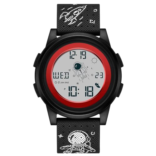 rorios Herren Freizeit Uhren Minimalistisch Digital Armbanduhr Multifunktional Elektronische Uhr Sport wasserdichte Uhr für Männer Junge Gummi Armband Schwarz Rot von rorios