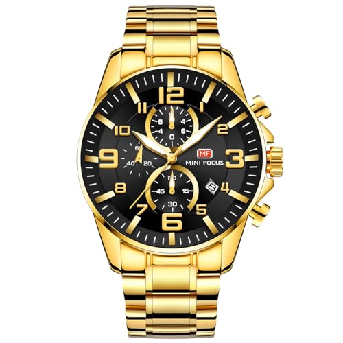 rorios Herren Goldene Uhr Edelstahl Business Armbanduhr Multifunktional Chronograph Uhr Analog Quarz Herrenuhren Leuchtend Datum Kalender Uhren Schwarz von rorios