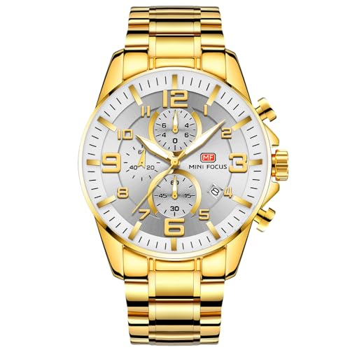 rorios Herren Goldene Uhr Edelstahl Business Armbanduhr Multifunktional Chronograph Uhr Analog Quarz Herrenuhren Leuchtend Datum Kalender Uhren Weiß von rorios