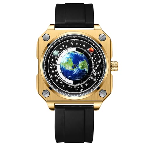 rorios Herren Kreative Uhren Einzigartige Zeiger Armbanduhr Analoge Quarz Quadratische Uhr ERD Zifferblatt Uhr Mode Design Edelstahl für Männer Schwarz Gold B von rorios