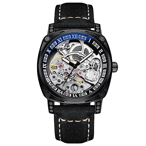 rorios Herren Mechanische Uhren Tourbillon Skelett Armbanduhr wasserdichte Automatik Uhr Vintage Quadrat Uhr mit Lederarmband Leuchtend Schwarz von rorios