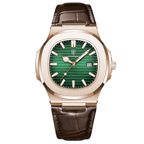 rorios Herren Minimalistic Uhr Analog Quarz Armbanduhr Datum Kalender Leuchtend Uhr Freizeit Edelstahl Herrenuhren mit Leder Armband Rosegold Green von rorios