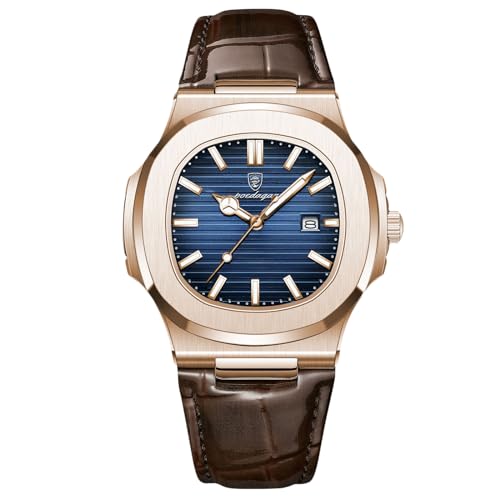 rorios Herren Minimalistic Uhr Analog Quarz Armbanduhr Datum Kalender Leuchtend Uhr Freizeit Edelstahl Herrenuhren mit Leder Armband Rosengold Blau von rorios
