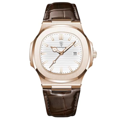 rorios Herren Minimalistic Uhr Analog Quarz Armbanduhr Datum Kalender Leuchtend Uhr Freizeit Edelstahl Herrenuhren mit Leder Armband Rosengold Weiß von rorios