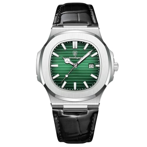 rorios Herren Minimalistic Uhr Analog Quarz Armbanduhr Datum Kalender Leuchtend Uhr Freizeit Edelstahl Herrenuhren mit Leder Armband Silber Grün von rorios