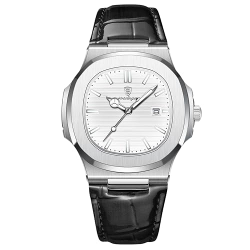 rorios Herren Minimalistic Uhr Analog Quarz Armbanduhr Datum Kalender Leuchtend Uhr Freizeit Edelstahl Herrenuhren mit Leder Armband Silber Weiß von rorios