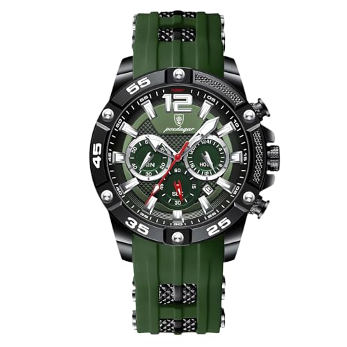 rorios Herren Mode Armbanduhren Silikon Sport Uhr Analog Quarz Uhr Multifunktional Chronograph Uhren Leuchtend Datum Kalender Uhr für Männer Grün von rorios