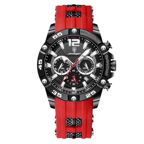 rorios Herren Mode Armbanduhren Silikon Sport Uhr Analog Quarz Uhr Multifunktional Chronograph Uhren Leuchtend Datum Kalender Uhr für Männer Rot von rorios