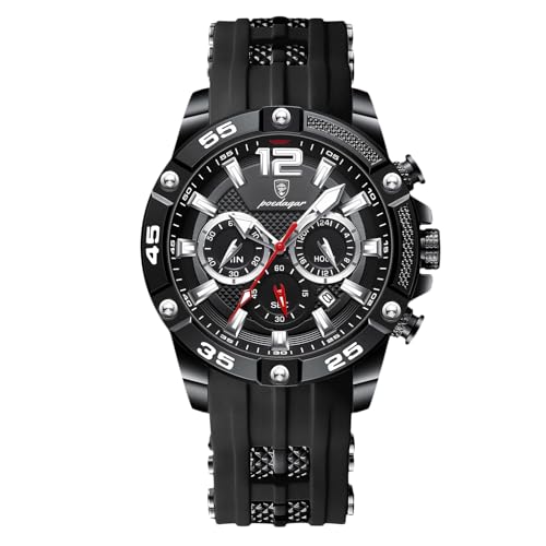 rorios Herren Mode Armbanduhren Silikon Sport Uhr Analog Quarz Uhr Multifunktional Chronograph Uhren Leuchtend Datum Kalender Uhr für Männer Schwarz A von rorios