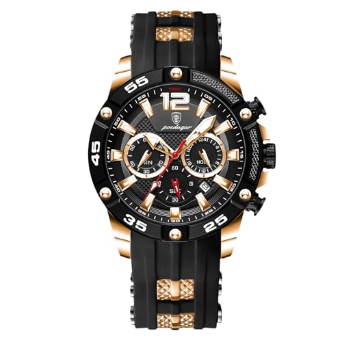 rorios Herren Mode Armbanduhren Silikon Sport Uhr Analog Quarz Uhr Multifunktional Chronograph Uhren Leuchtend Datum Kalender Uhr für Männer Schwarz B von rorios