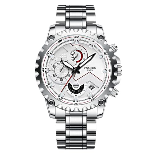 rorios Herren Mode Uhren Freizeit Analog Quarz Armbanduhr Leuchtend Datum Kalender Herrenuhren mit Edelstahl Armband für Männer Weiß A von rorios