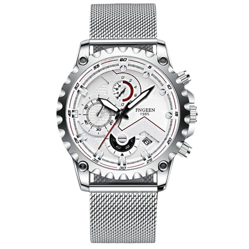 rorios Herren Mode Uhren Freizeit Analog Quarz Armbanduhr Leuchtend Datum Kalender Herrenuhren mit Mesh Armband für Männer Weiß B von rorios