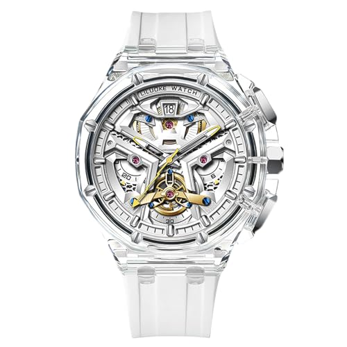 rorios Herren Mode Uhren Spezielle Transparente Armbanduhr Analog Quarz Uhr Multifunktional Herrenuhren mit Gummi Armband für Teenager Männer Weiß von rorios