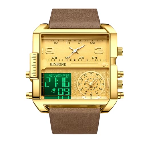 rorios Herren Multifunktional Digital Armbanduhr Mode Quadratische Quarz Uhr Großem Zifferblatt und Elektronischer Analoganzeige Herrenuhren mit Alarm Braun Gold von rorios