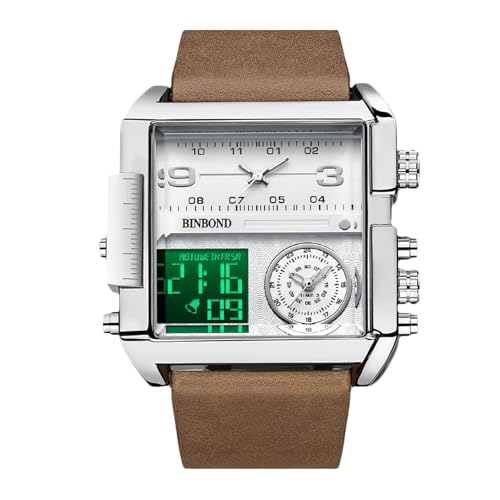 rorios Herren Multifunktional Digital Armbanduhr Mode Quadratische Quarz Uhr Großem Zifferblatt und Elektronischer Analoganzeige Herrenuhren mit Alarm Braun Weiß von rorios