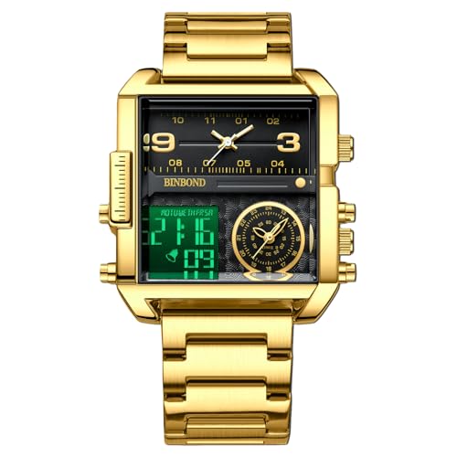rorios Herren Multifunktional Digital Armbanduhr Mode Quadratische Quarz Uhr Großem Zifferblatt und Elektronischer Analoganzeige Herrenuhren mit Alarm Gold Schwarz B von rorios