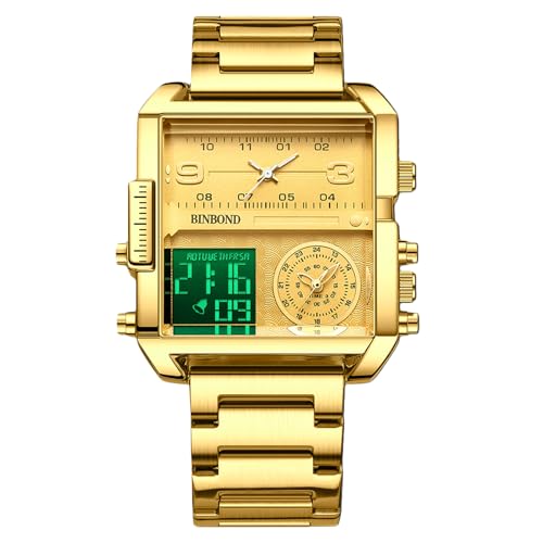rorios Herren Multifunktional Digital Armbanduhr Mode Quadratische Quarz Uhr Großem Zifferblatt und Elektronischer Analoganzeige Herrenuhren mit Alarm Gold von rorios