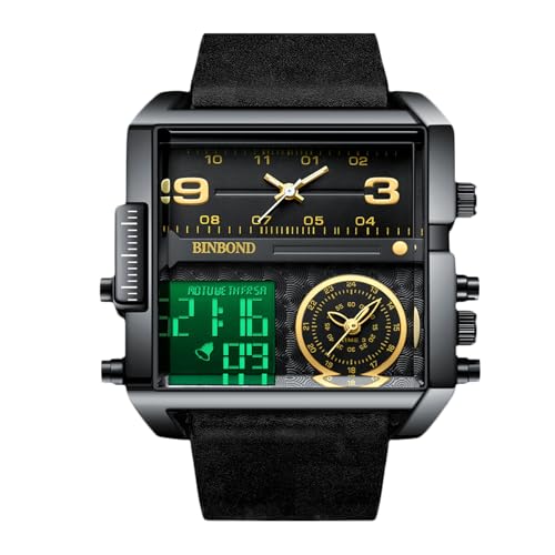 rorios Herren Multifunktional Digital Armbanduhr Mode Quadratische Quarz Uhr Großem Zifferblatt und Elektronischer Analoganzeige Herrenuhren mit Alarm Schwarz B von rorios