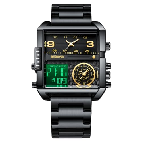 rorios Herren Multifunktional Digital Armbanduhr Mode Quadratische Quarz Uhr Großem Zifferblatt und Elektronischer Analoganzeige Herrenuhren mit Alarm Schwarz D von rorios