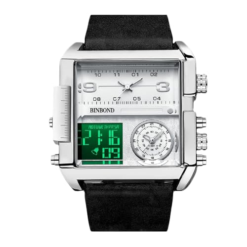 rorios Herren Multifunktional Digital Armbanduhr Mode Quadratische Quarz Uhr Großem Zifferblatt und Elektronischer Analoganzeige Herrenuhren mit Alarm Schwarz Weiß A von rorios