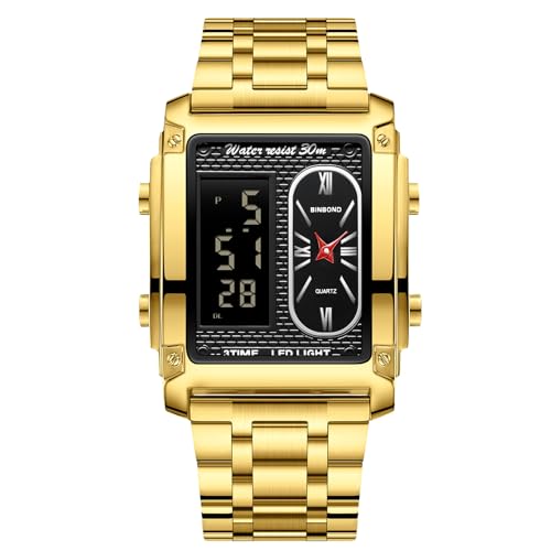rorios Herren Multifunktional Elektronischer Armbanduhr Business Rechteckige Quarz Uhr Digital Analoganzeige Herrenuhren mit Alarm Chronograph Gold von rorios