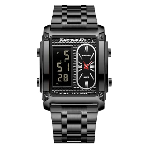 rorios Herren Multifunktional Elektronischer Armbanduhr Business Rechteckige Quarz Uhr Digital Analoganzeige Herrenuhren mit Alarm Chronograph Schwarz A von rorios