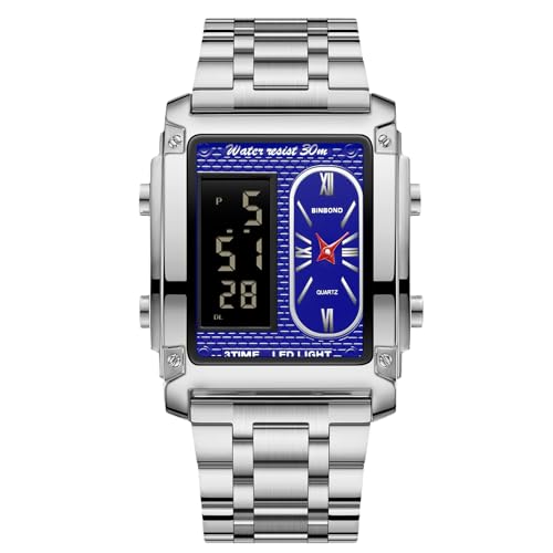 rorios Herren Multifunktional Elektronischer Armbanduhr Business Rechteckige Quarz Uhr Digital Analoganzeige Herrenuhren mit Alarm Chronograph Weiß Blau A von rorios