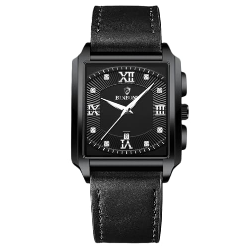 rorios Herren Quadratische Armbanduhr Quarz wasserdichte Uhr Elegant Diamant Uhren Einfache Vintage Uhr Kalender Leuchtend Uhr Leder Armband für Männer Schwarz C von rorios