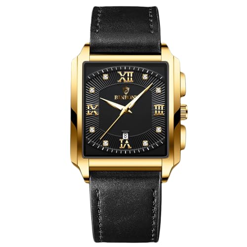 rorios Herren Quadratische Armbanduhr Quarz wasserdichte Uhr Elegant Diamant Uhren Einfache Vintage Uhr Kalender Leuchtend Uhr Leder Armband für Männer Schwarz Gold C, AA-ADZ009 von rorios