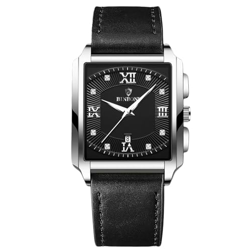 rorios Herren Quadratische Armbanduhr Quarz wasserdichte Uhr Elegant Diamant Uhren Einfache Vintage Uhr Kalender Leuchtend Uhr Leder Armband für Männer Schwarz weiß B von rorios