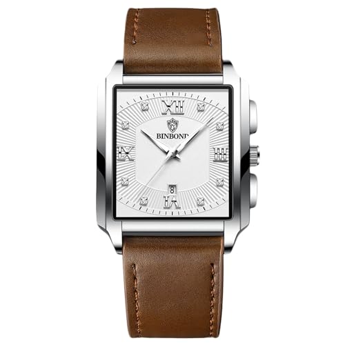 rorios Herren Quadratische Armbanduhr Quarz wasserdichte Uhr Elegant Diamant Uhren Einfache Vintage Uhr Kalender Leuchtend Uhr Leder Armband für Männer Weiß braun von rorios