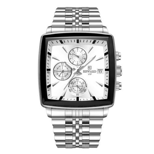 rorios Herren Quadratische Uhren Analog Quarz Armbanduhr Multifunktional Business Uhr Einfach Leuchtend Herrenuhr mit Edelstahl Armband Weiß B von rorios