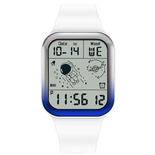 rorios Herren Quadratische Uhren Multifunktional Elektronische Armbanduhr 50M wasserdichte Uhr Freizeit Digital Uhr für Männer mit Gummi Armband Weiß Blau von rorios