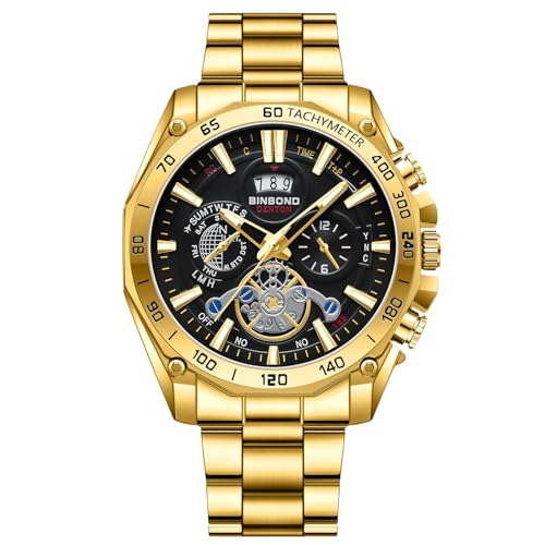 rorios Herren Quarz Armbanduhr Business wasserdichte Uhr Analog Edelstahl Uhren Leuchtend Datum Kalender Uhr Gold Schwarz von rorios