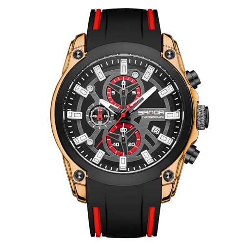 rorios Herren Quarz Armbanduhren Mode Sport Uhr Multifunktional Chronograph Uhren Leuchtend Analog Uhr für Männer mit Silikon Armband Schwarz Gold von rorios