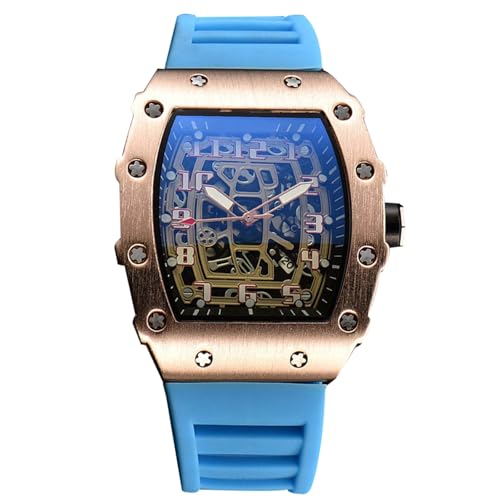 rorios Herren Quarz Uhr Mode Tonneau Armbanduhren Leuchtend Analog Uhr Freizeit Sport Herrenuhren für Männer mit Datum Kalender Roségold Blau A von rorios