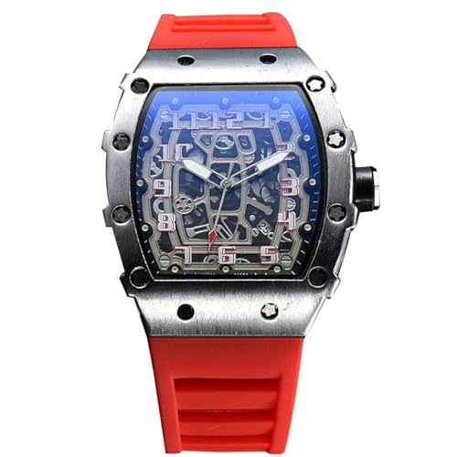 rorios Herren Quarz Uhr Mode Tonneau Armbanduhren Leuchtend Analog Uhr Freizeit Sport Herrenuhren für Männer mit Datum Kalender Silber Rot von rorios