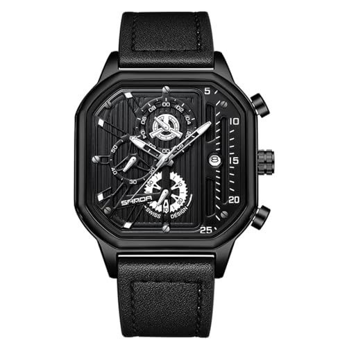 rorios Herren Quarz Uhren Mode Quadrat Armbanduhr Leuchtend Analog Uhr Multifunktional Chronograph Uhr Freizeit Edelstahl Uhr mit Leder Armband für Männer Schwarz A von rorios