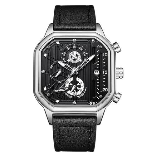 rorios Herren Quarz Uhren Mode Quadrat Armbanduhr Leuchtend Analog Uhr Multifunktional Chronograph Uhr Freizeit Edelstahl Uhr mit Leder Armband für Männer Schwarz Silber A von rorios