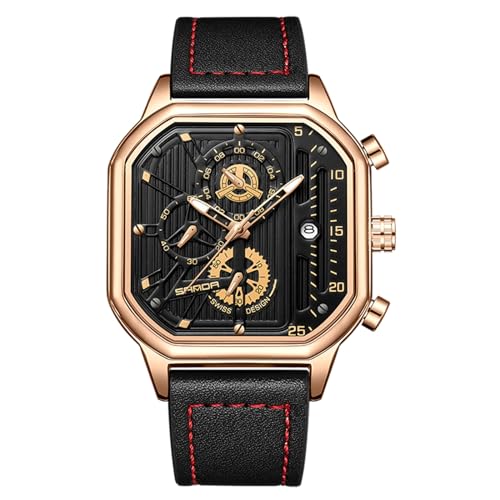 rorios Herren Quarz Uhren Mode Quadrat Armbanduhr Leuchtend Analog Uhr Multifunktional Chronograph Uhr Freizeit Edelstahl Uhr mit Leder Armband für Männer Schwarzes Gold A von rorios