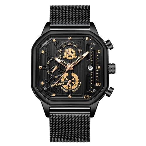 rorios Herren Quarz Uhren Mode Quadrat Armbanduhr Leuchtend Analog Uhr Multifunktional Chronograph Uhr Freizeit Edelstahl Uhr mit Mesh Armband für Männer Gold B von rorios