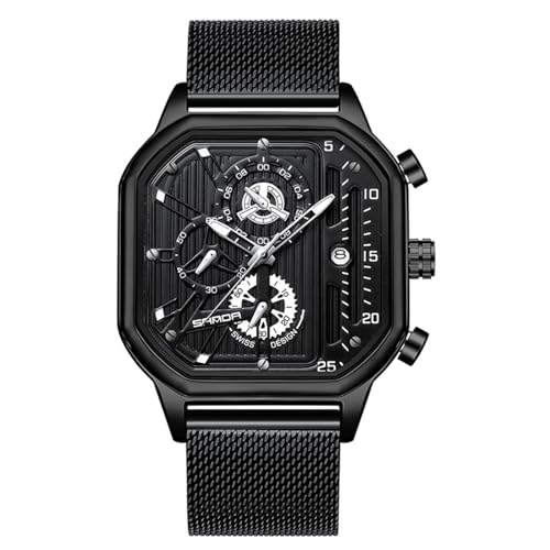 rorios Herren Quarz Uhren Mode Quadrat Armbanduhr Leuchtend Analog Uhr Multifunktional Chronograph Uhr Freizeit Edelstahl Uhr mit Mesh Armband für Männer Schwarz B von rorios