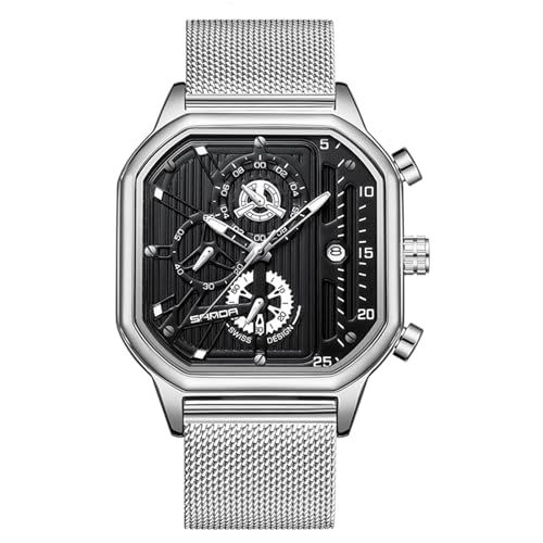 rorios Herren Quarz Uhren Mode Quadrat Armbanduhr Leuchtend Analog Uhr Multifunktional Chronograph Uhr Freizeit Edelstahl Uhr mit Mesh Armband für Männer Schwarz Silber B von rorios