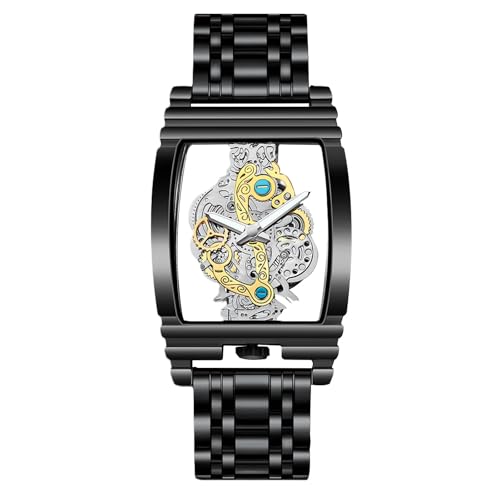 rorios Herren Skelettierte Rechteckige Armbanduhr Business Analog Quarz Herrenuhren Edelstahl Leuchtende für Männer Schwarz A von rorios